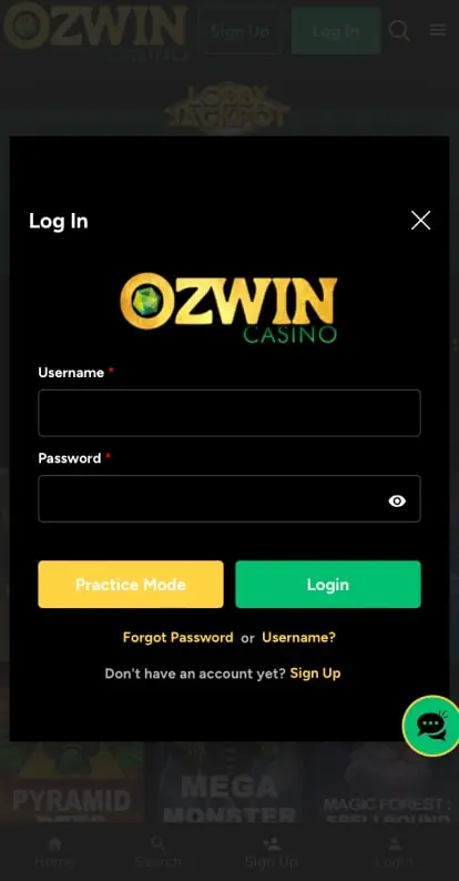 Ozwin Casino App screenshot 1: log in form