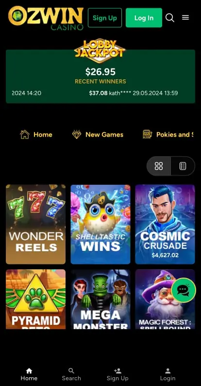 Ozwin Casino App screenshot 2: main page