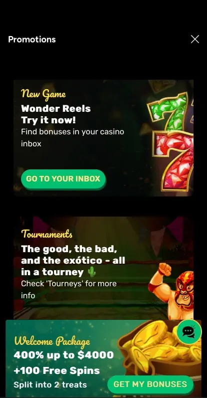 Ozwin Casino App screenshot 3: list of bonuses
